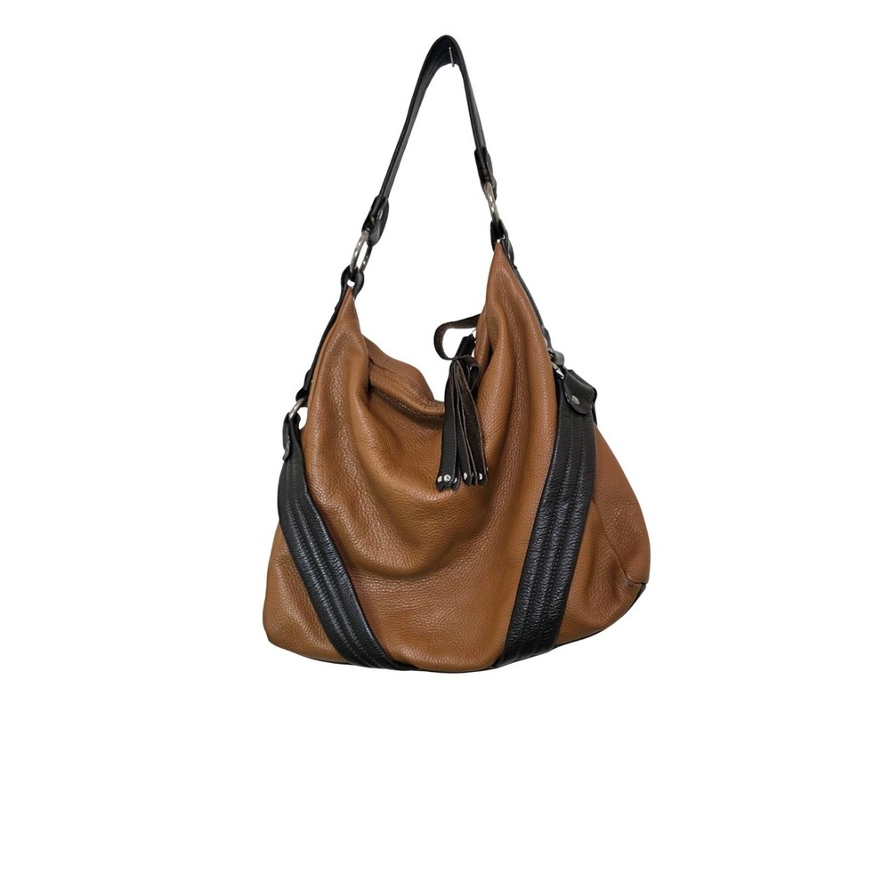Maurizio Taiuti Two-Tone Tan & Black Leather Shoulder Bag Tassel Accents Size M